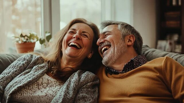 A joyful couple sharing a laugh while sitting together indoors.