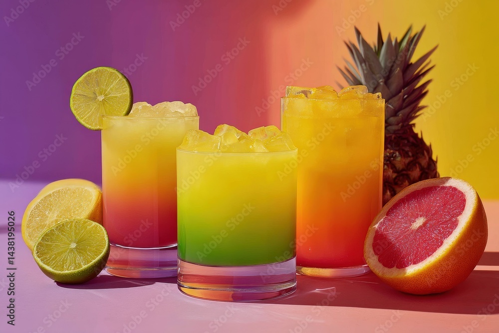 Poster three colorful tropical fruit juices placed on gradient backdrop with slices of lime and pineapple e