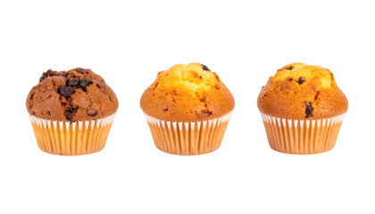 Chocolate chip muffins and raisin muffins isolated on transparent background with clipping path included