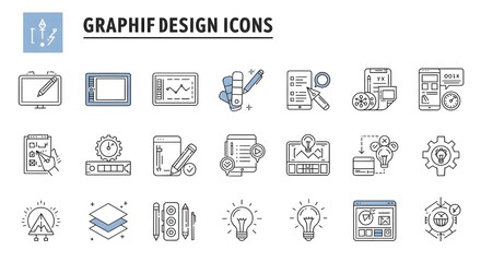Iconos editables de contorno de trazo relacionados con el arte, la creatividad y el dise&ntilde;o gr&aacute;fico, aislados sobre fondo blanco, ilustraci&oacute;n vectorial plana. Pixel perfecto. 64 x 64