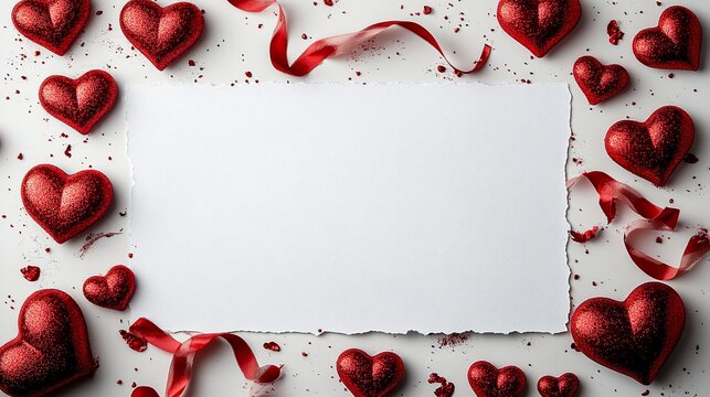 Valentine background with white sheet framed by red hearts and ribbon for customizable text   - Powered by Adobe