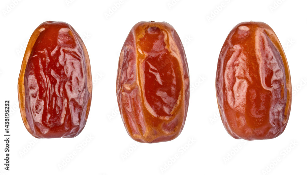 Poster set of three dried dates from different angles, isolated on transparent background with clipping pat