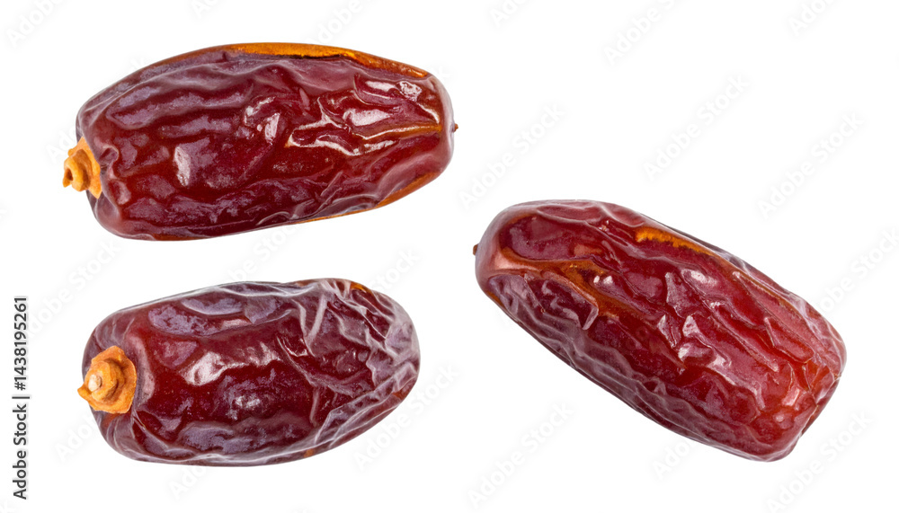 Poster set of three ripe dates, showcasing their texture and color against a transparent background, ideal 