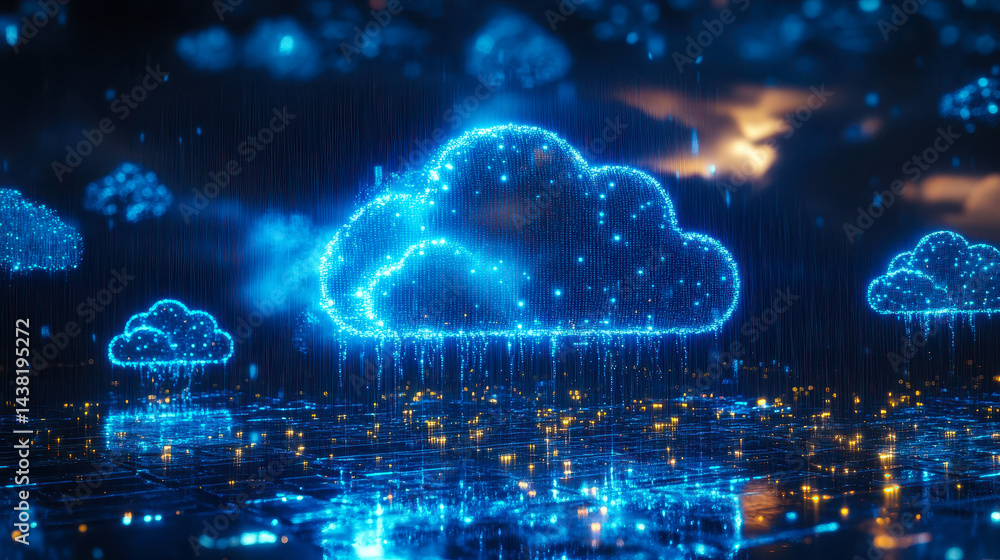 Poster digital rain and cloud computing concept with glowing blue clouds and data streams depicting virtual