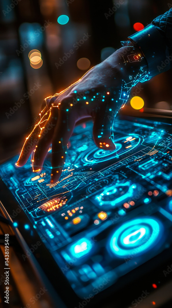 Poster hand interacting with futuristic ai data visualizations on interactive table in business technology 