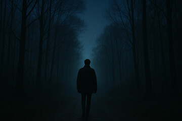 Solitary Stroll in the Ethereal Woods: A solitary figure navigates a path, enveloped by an eerie, atmospheric fog within a dense, shadowy forest, embodying solitude and introspective.