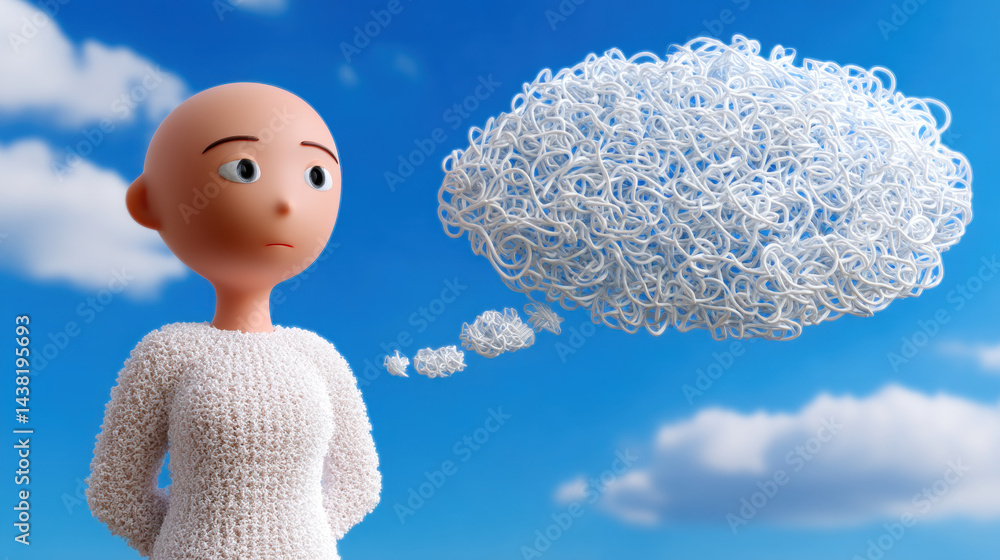 Poster confused character contemplates open sky animated scene reflective mood perspective scribbled though