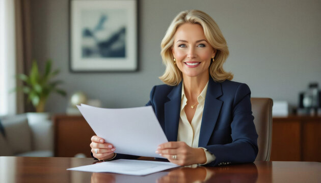 A confident businesswoman with blonde hair sits at a desk in a modern office, smiling warmly while reviewing documents.