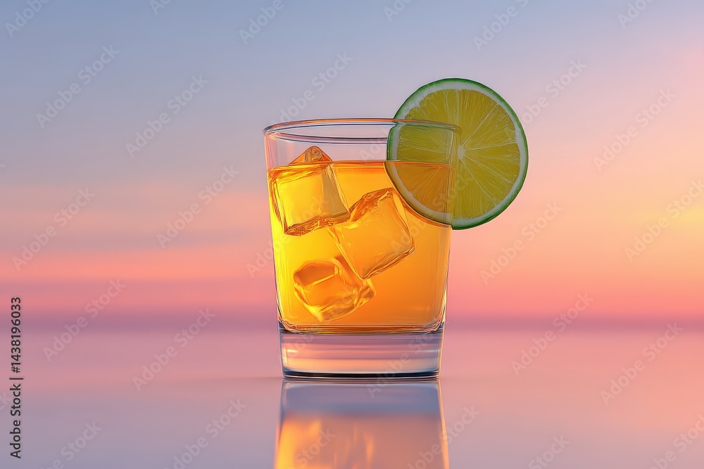 Poster cold whiskey cocktail with ice cubes and lime slice on gradient background styled as classy drink mo