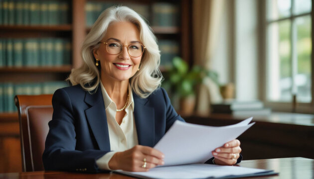 A confident, mature woman with silver hair and glasses smiles while reviewing documents at a desk in a well-lit office.