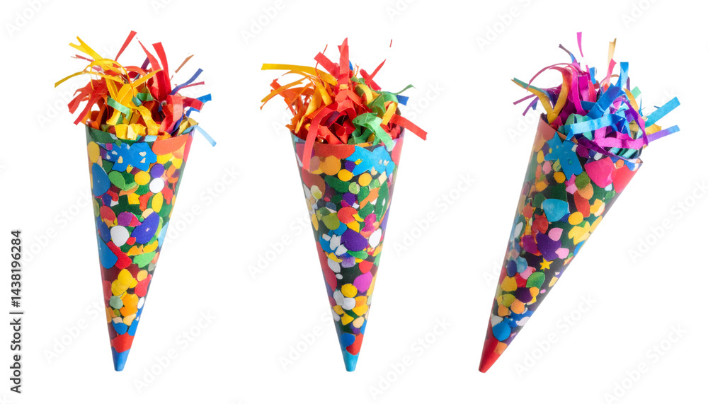 Aufkleber set of three colorful confetti poppers exploding with colorful ribbons on transparent background
