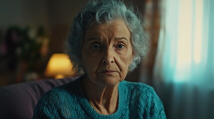 A photograph of an older woman with gray hair, sitting indoors. She has a contemplative expression and is looking slightly away from the camera.