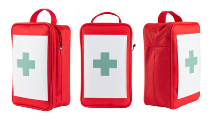 Set of three red first aid kits from different angles showing a green cross, isolated on transparent background