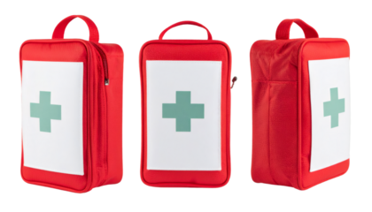 Set of three red first aid kits from different angles showing a green cross, isolated on transparent background