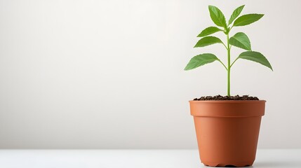 Fototapeta premium Fresh Green Plant in Minimalist Pot on White Surface, Symbol of Nature's Growth