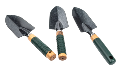 Three garden shovels with wooden and green plastic handle, isolated on transparent background