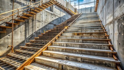 Concrete Staircase Under Construction With Temporary Wooden Supports and Metal Reinforcement