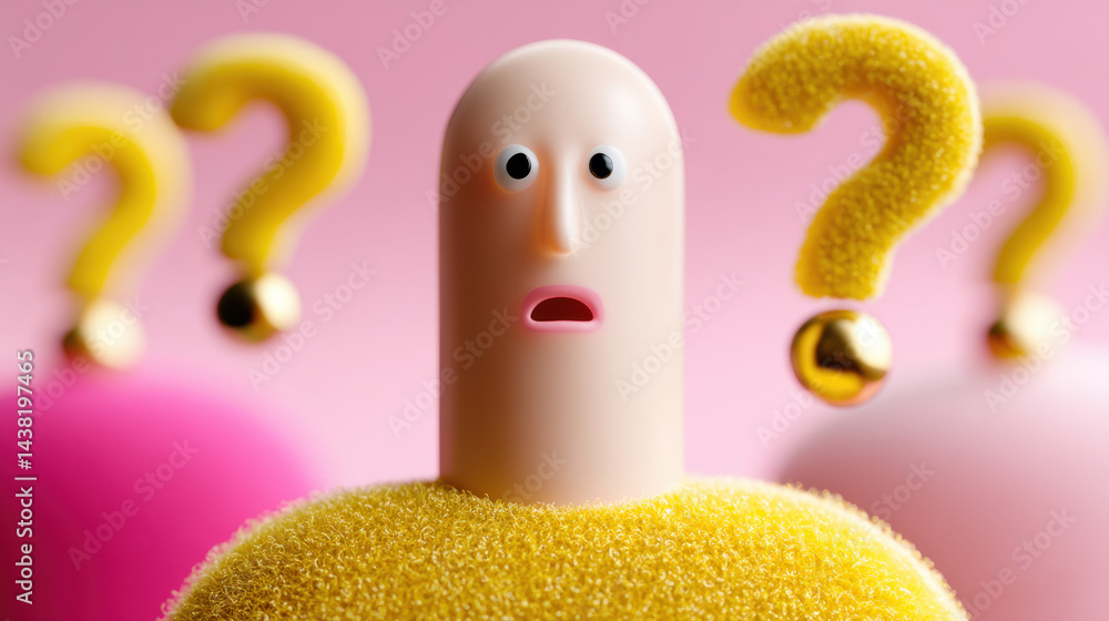 Poster confused character with question marks studio figurine vibrant environment close-up view concept of 