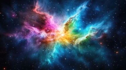 Fototapeta premium Cosmic Nebula Distant Stars Vivid High-Definition Wide Angle View Gaseous Clouds Celestial Creation Dark Space Rainbow Hues Ideal for Sci-Fi Designs
