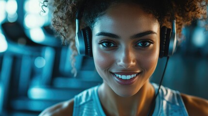 The image showcases a person in a gym setting, with headphones around their neck. They appear to be looking off-camera with a focused expression. The individual is wearing athletic attire and seems to