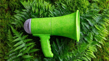 Green megaphone rests on lush foliage, ferns, and moss. Fresh, vibrant, and environmentally focused