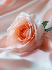 A beautiful close-up of a single pink rose with delicate petals and vibrant center, resting on soft pink fabric.