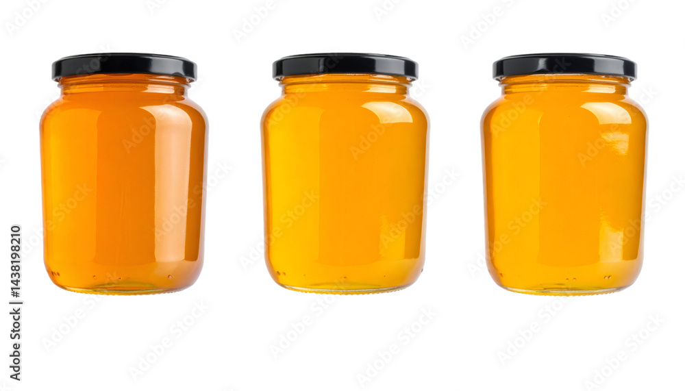 Poster set of three glass honey jars with black lids, isolated on transparent background with clipping path