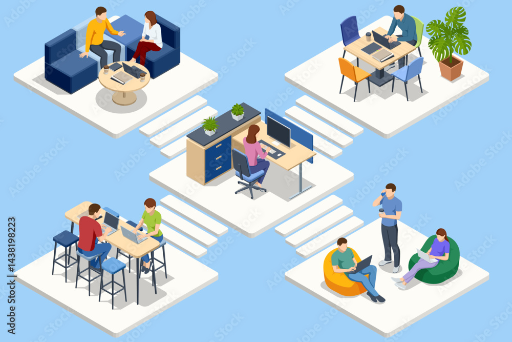 Poster different coworking spaces connected together showing collaboration and remote work. isometric vecto