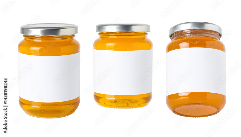 Poster set of three glass honey jars with blank white labels from different angles, isolated on transparent