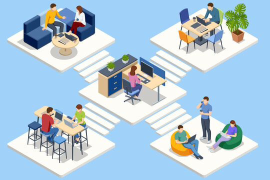 Different coworking spaces connected together showing collaboration and remote work. Isometric vector illustration.