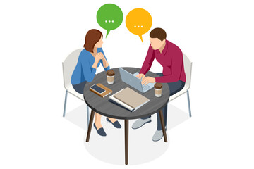 Business meeting between two people with laptops and coffee discussing work. Isometric vector illustration.