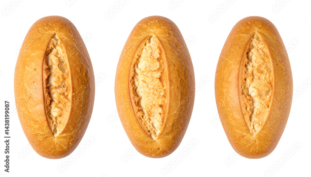 Poster set of three appetizing loaves of freshly baked bread isolated on transparent background with clippi