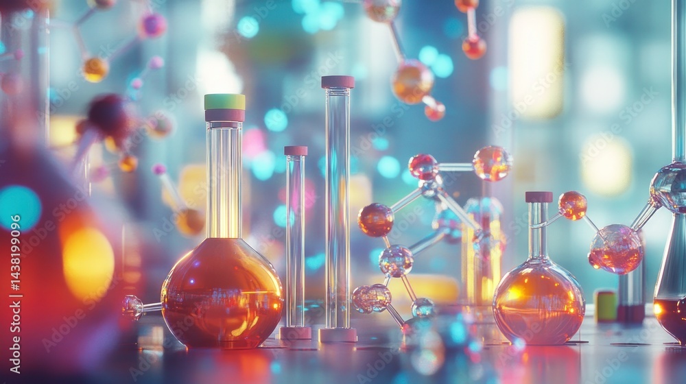 Poster molecular structures and chemical flasks in a laboratory setting