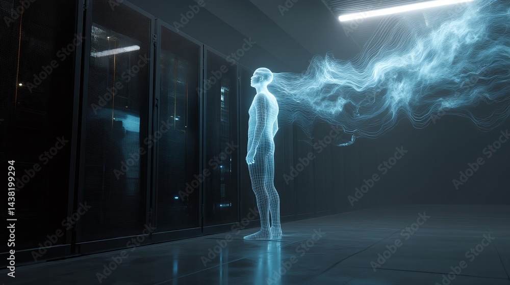 Poster digital existence: a surreal depiction of a person merges with digital data, in a server room, evoki