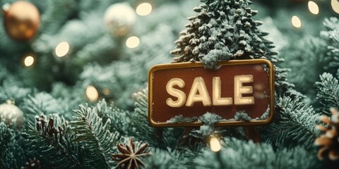 A festive holiday sale sign placed on a forested hillside, surrounded by Christmas decorations.