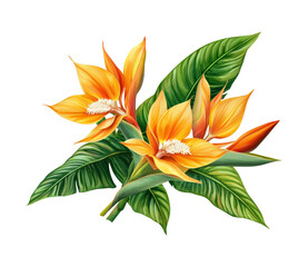 Tropical Arrangement of Bird of Paradise Flowers and Lush Leaves