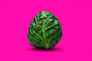 Obraz premium Single cabbage leaf on neon pink background illuminated centrally to emphasize green texture shape and organic symmetry for vegetable focused ingredient visual concept