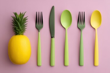 Abstract cutlery set placed with pineapple on color blocked yellow pink background forming playful visual food concept for color harmony utensil setup stock illustration