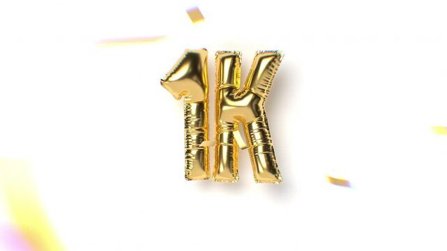 1k Followers Moving Gold Balloon Text and Falling Soft Focus Confetti With Aberration Effect. White background. Thank You Social Media Concept. 4k 3d Rendering Looped Animation.