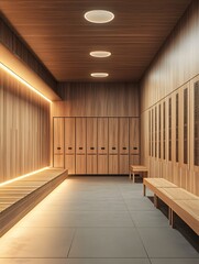 Fototapeta premium Modern Sauna Interior Design: Tranquil Wood and Lighting for Relaxation in a Wellness Spa Center