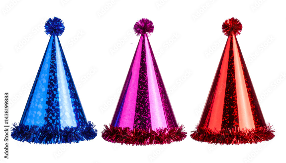 Poster set of three colorful party hats isolated on transparent background