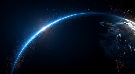 Fototapeta premium Illuminated earth horizon from space with glowing city lights, deep blue cosmic background, futuristic technology and innovation concept, perfect for AI and global communication designs