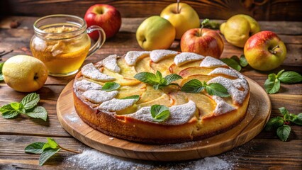 A delicious apple pie with a dusting of powdered sugar, fresh mint leaves, and a side of tea, all presented on a rustic wooden table