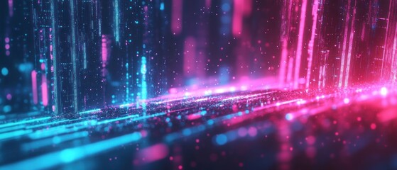 Abstract digital city glowing in neon pink and blue