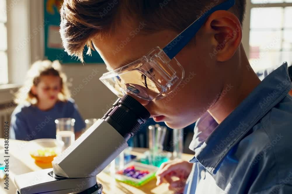 Poster a student wearing protective glasses examines something through a microscope in a science class focu