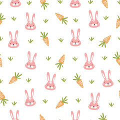 Cute rabbit and carrot seamless pattern. Childish and playful  vector illustration for kids or baby apparel,  textile, print, wrapping paper, kindergarten, nursery background and other