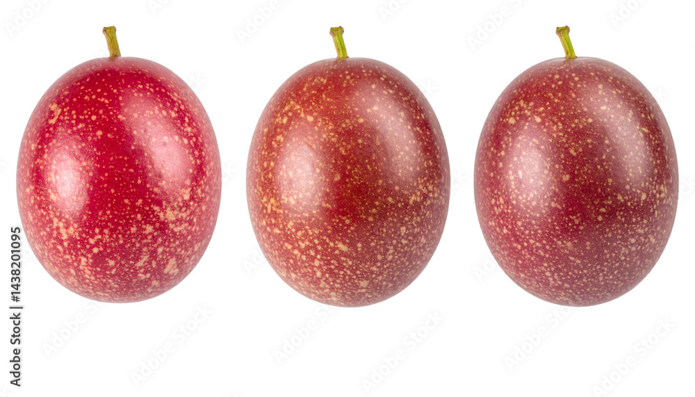 Poster three whole passion fruits rotating, isolated on a transparent background with clipping path