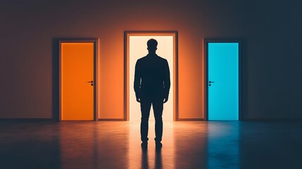 Obraz premium Man Silhouetted Before Three Illuminated Doors Symbolizing Choices and Opportunities