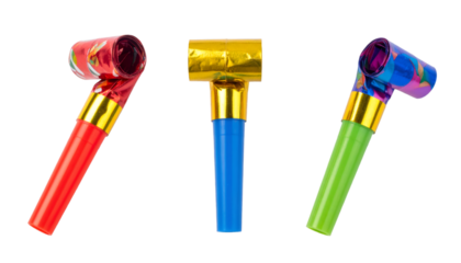 Set of three colorful party blowers isolated on transparent background