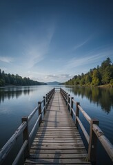 Fototapeta premium A tranquil riverside scene with a wooden fishing pier extending into calm waters surrounded by nature Generative AI